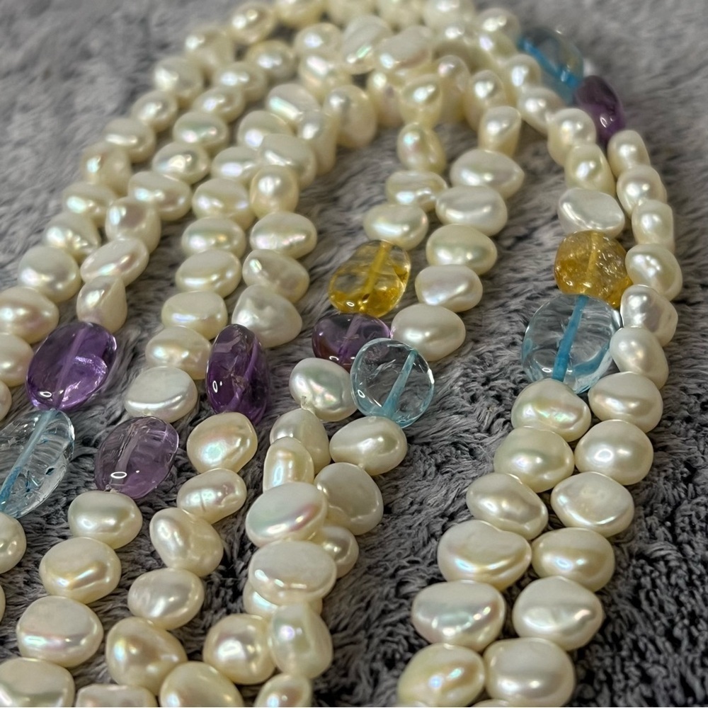 Double Strand Freshwater Pearl Gemstone Beads Necklace 22in - Picture 5 of 7